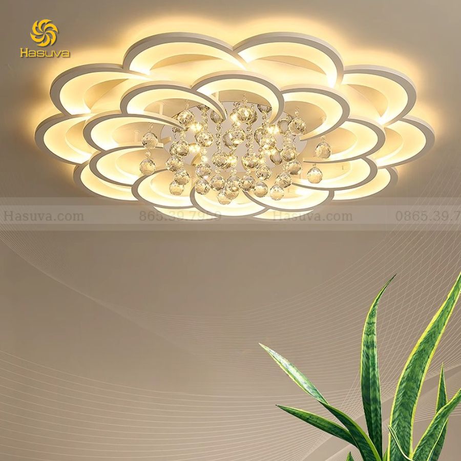 Đèn Ốp Trần 20 Cánh Mai Thả Pha Lê