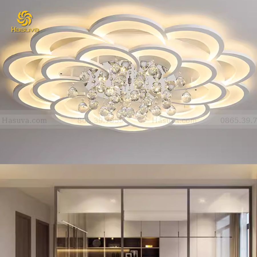 Đèn Ốp Trần 20 Cánh Mai Thả Pha Lê